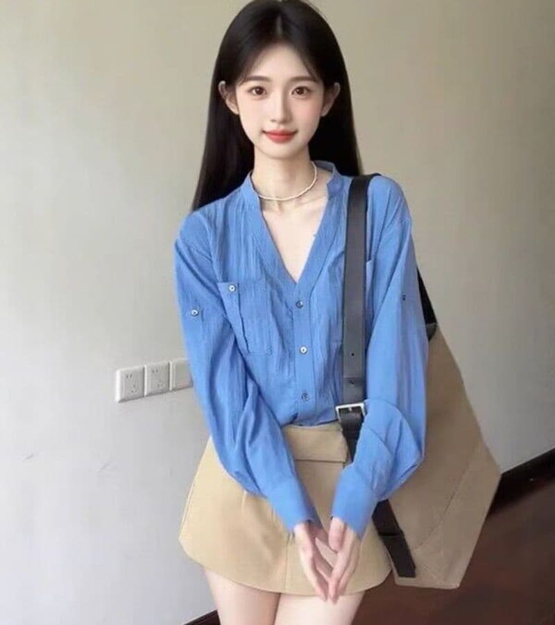 오래된 돈 바람 파란색 스탠드 칼라 긴팔 여성 셔츠 여름 루즈핏 슬림해 보이는 셔츠 품격 다용도 오픈 가디건 맨위 이미지 3