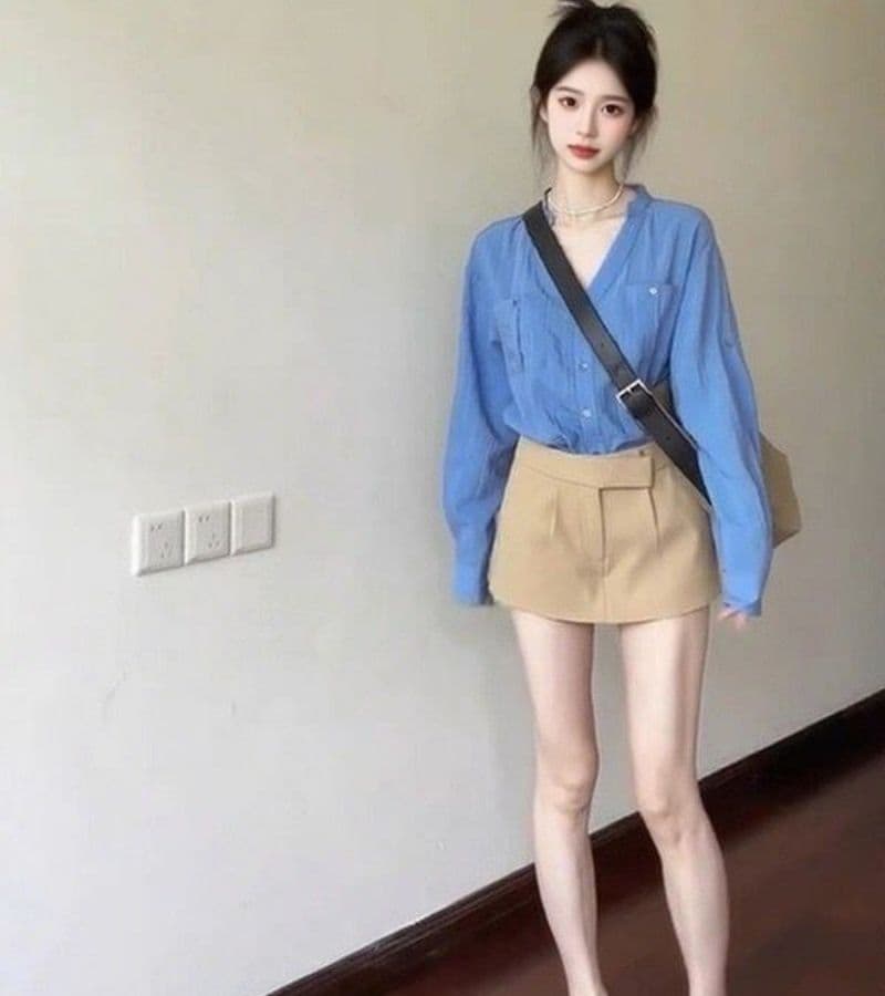 오래된 돈 바람 파란색 스탠드 칼라 긴팔 여성 셔츠 여름 루즈핏 슬림해 보이는 셔츠 품격 다용도 오픈 가디건 맨위 이미지 2