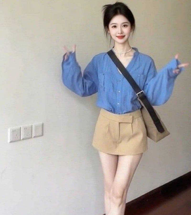 오래된 돈 바람 파란색 스탠드 칼라 긴팔 여성 셔츠 여름 루즈핏 슬림해 보이는 셔츠 품격 다용도 오픈 가디건 맨위
