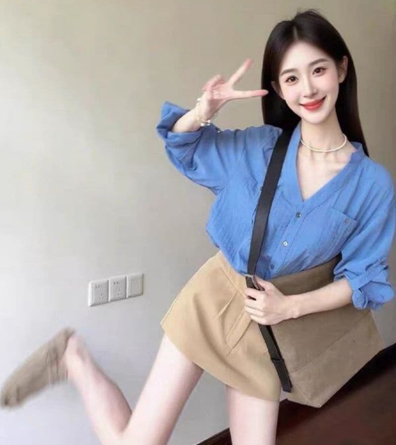 오래된 돈 바람 파란색 스탠드 칼라 긴팔 여성 셔츠 여름 루즈핏 슬림해 보이는 셔츠 품격 다용도 오픈 가디건 맨위 상세 이미지 1