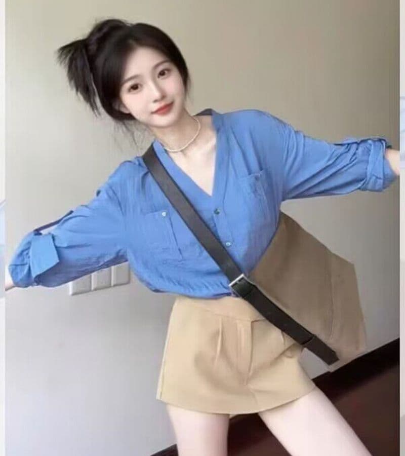 오래된 돈 바람 파란색 스탠드 칼라 긴팔 여성 셔츠 여름 루즈핏 슬림해 보이는 셔츠 품격 다용도 오픈 가디건 맨위 상세 이미지 2