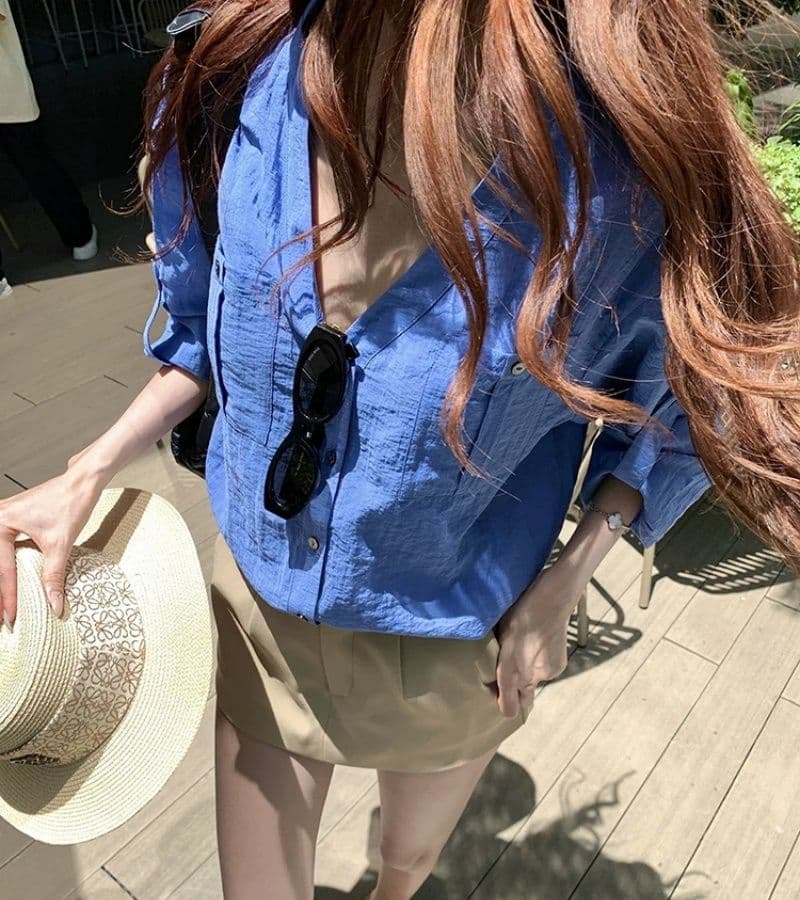 오래된 돈 바람 파란색 스탠드 칼라 긴팔 여성 셔츠 여름 루즈핏 슬림해 보이는 셔츠 품격 다용도 오픈 가디건 맨위 상세 이미지 6