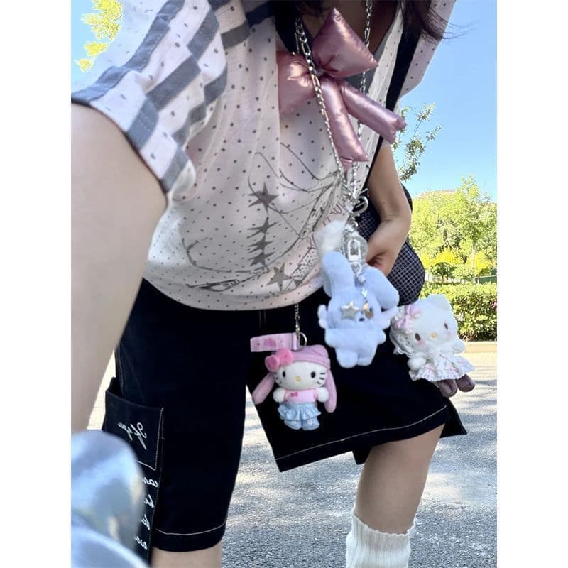 원본 솜씨 리브 네클라인 이후 테두리 프린트 저지 V넥 반팔 여성 이미지 2