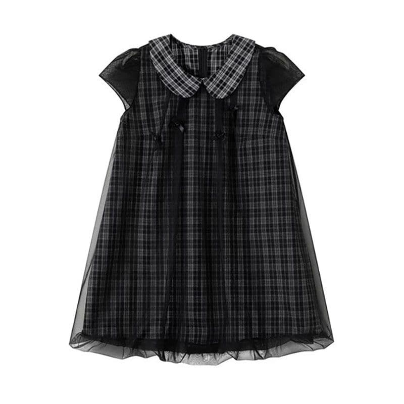 여성 여름 작은 키 디자인 센스 망사 패치워크 꽃밭 치마 레트로 달콤함 학원 스타일 베이비 칼라 체크무늬 드레스 상세 이미지 6