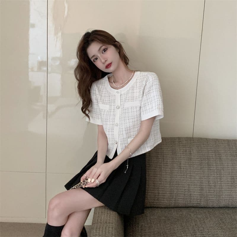 여름 드레스 2026 작은 샤넬 스타일 품격 검정색 쇼트 스타일 재킷 새로운 디자인 센스 작은 대중 chic 체크무늬 맨위 여성 트렌디 상세 이미지 19