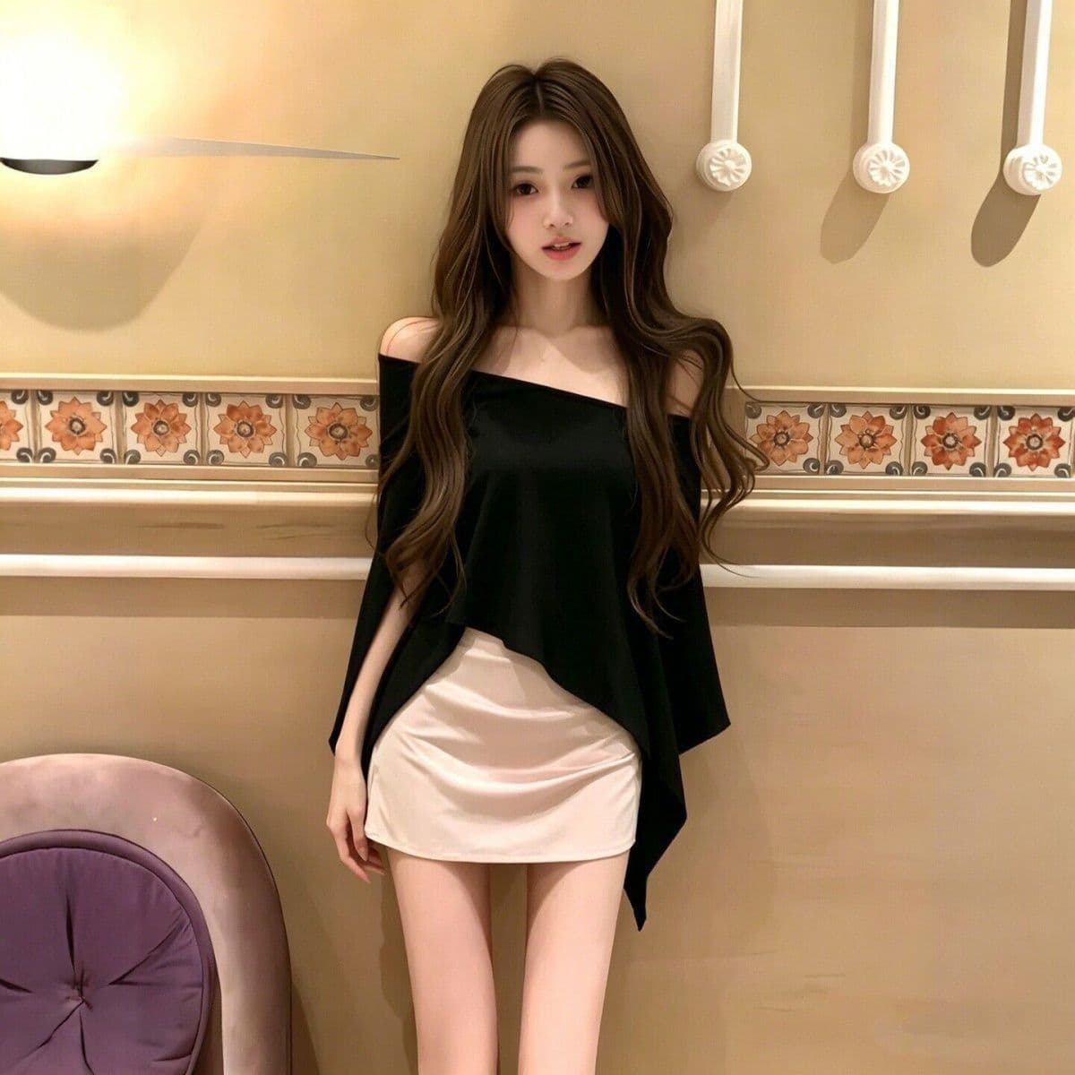 품격 로얄 자매 바람 검정색 비스듬한 어깨 의류 타이트 스커트 미니 스커트 세트 여성 여름 새로운 하이웨이스트 섹션 슬림해 보이는 투피스 세트
