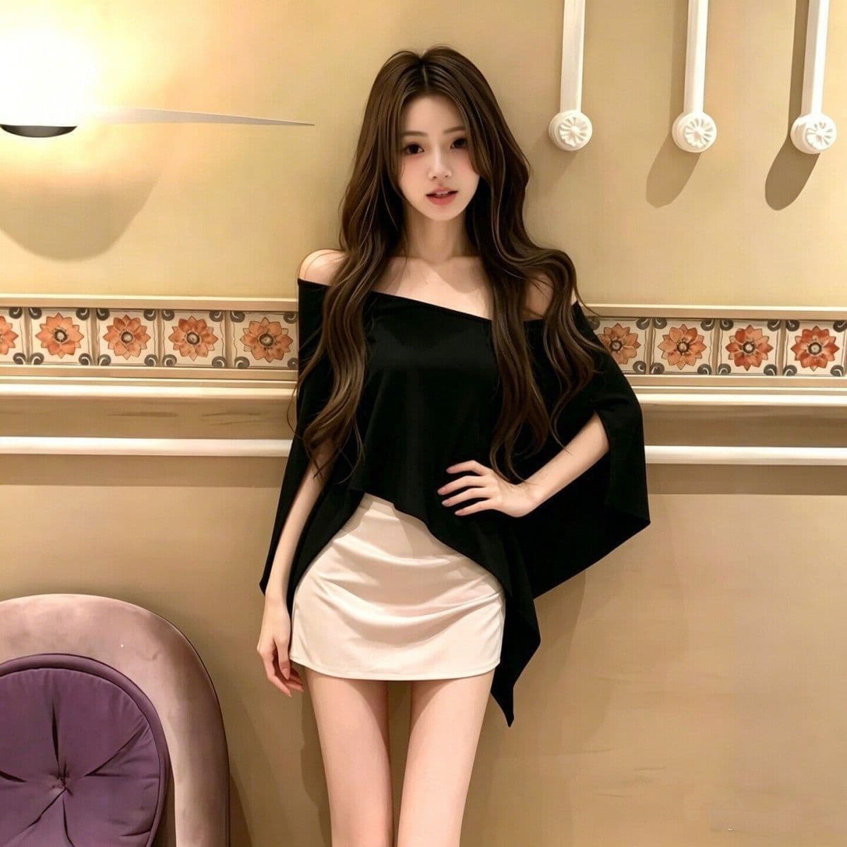 품격 로얄 자매 바람 검정색 비스듬한 어깨 의류 타이트 스커트 미니 스커트 세트 여성 여름 새로운 하이웨이스트 섹션 슬림해 보이는 투피스 세트 이미지 4