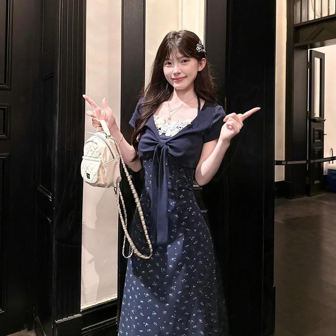 레이스 프린트 달콤함 부드러운 바람 꽃무늬 레이스 반팔 오픈 가디건 롱 스커트 드레스 허리 수축 슬림해 보이는 세트 ins 이미지 2