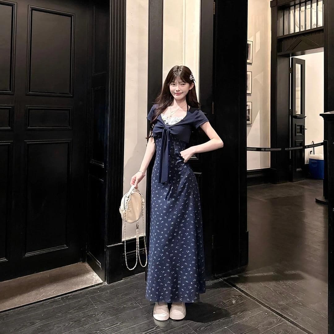 레이스 프린트 달콤함 부드러운 바람 꽃무늬 레이스 반팔 오픈 가디건 롱 스커트 드레스 허리 수축 슬림해 보이는 세트 ins 상세 이미지 1