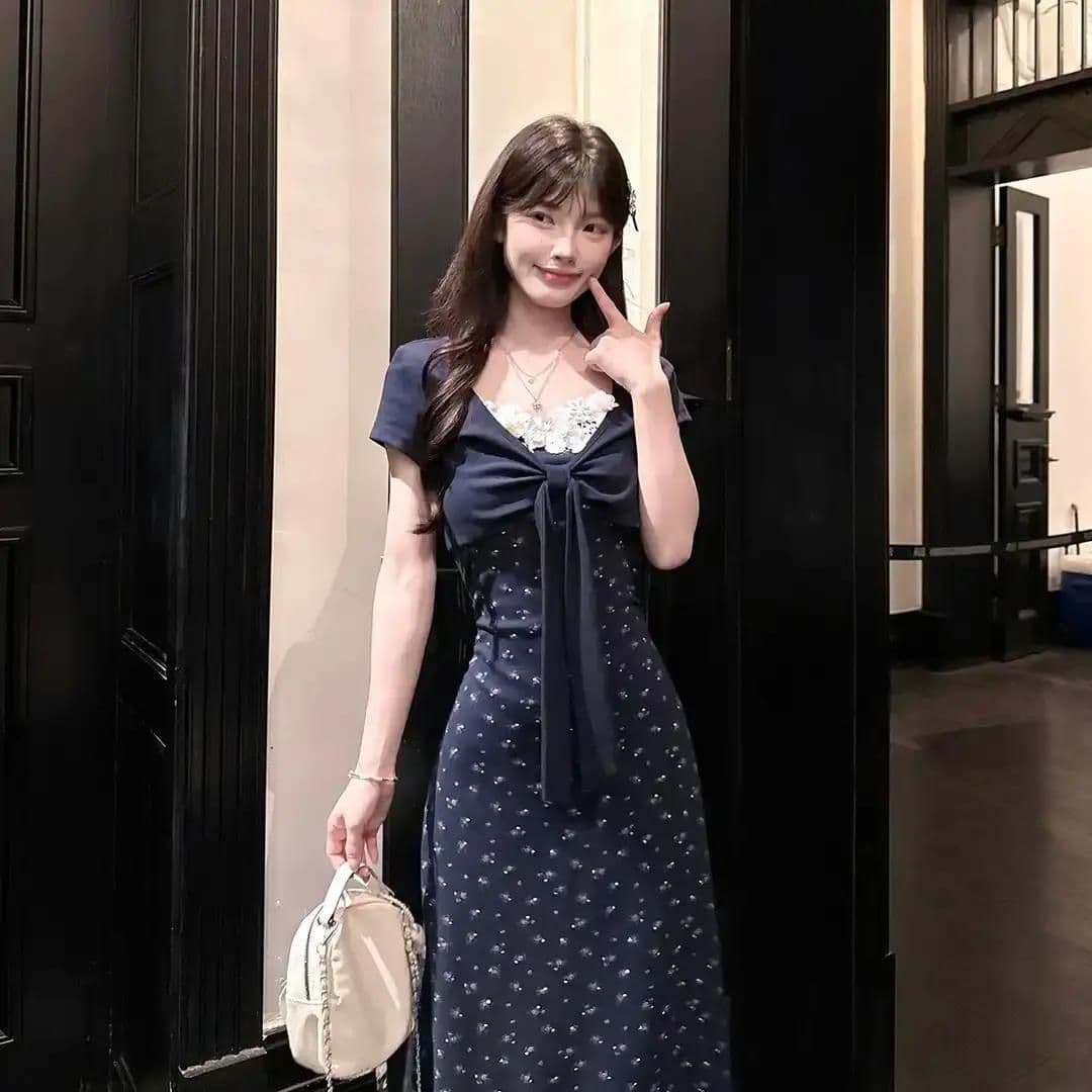 레이스 프린트 달콤함 부드러운 바람 꽃무늬 레이스 반팔 오픈 가디건 롱 스커트 드레스 허리 수축 슬림해 보이는 세트 ins 상세 이미지 4
