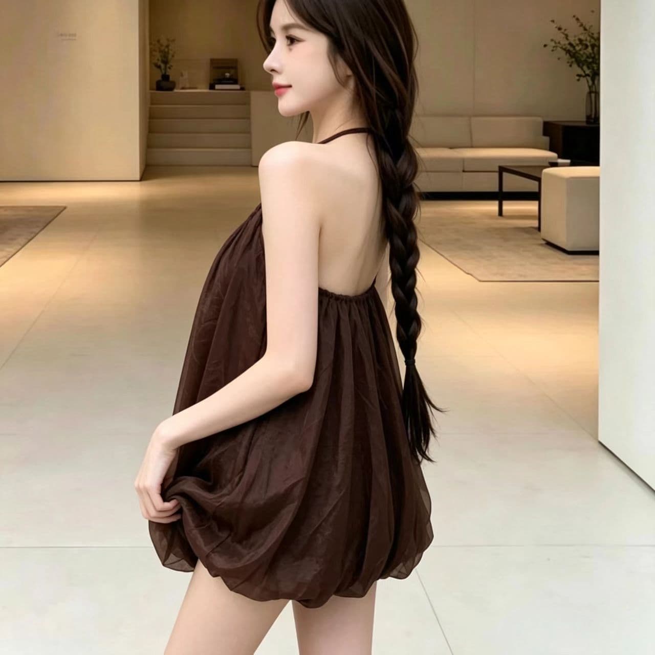 pumpkin 피터 팬 엘프 꽃밭 행침 목 레이스업 휴가 바람 백리스 신축성 거즈 스커트 드레스 상세 이미지 4