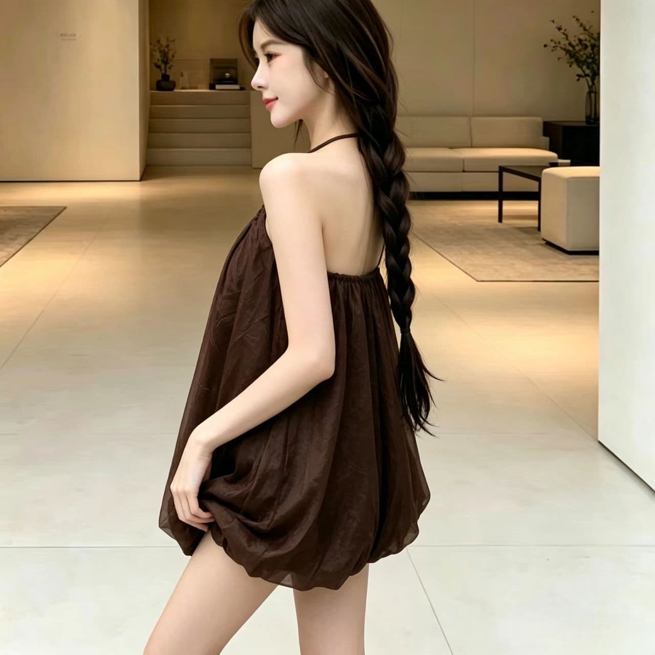 pumpkin 피터 팬 엘프 꽃밭 행침 목 레이스업 휴가 바람 백리스 신축성 거즈 스커트 드레스 상세 이미지 8