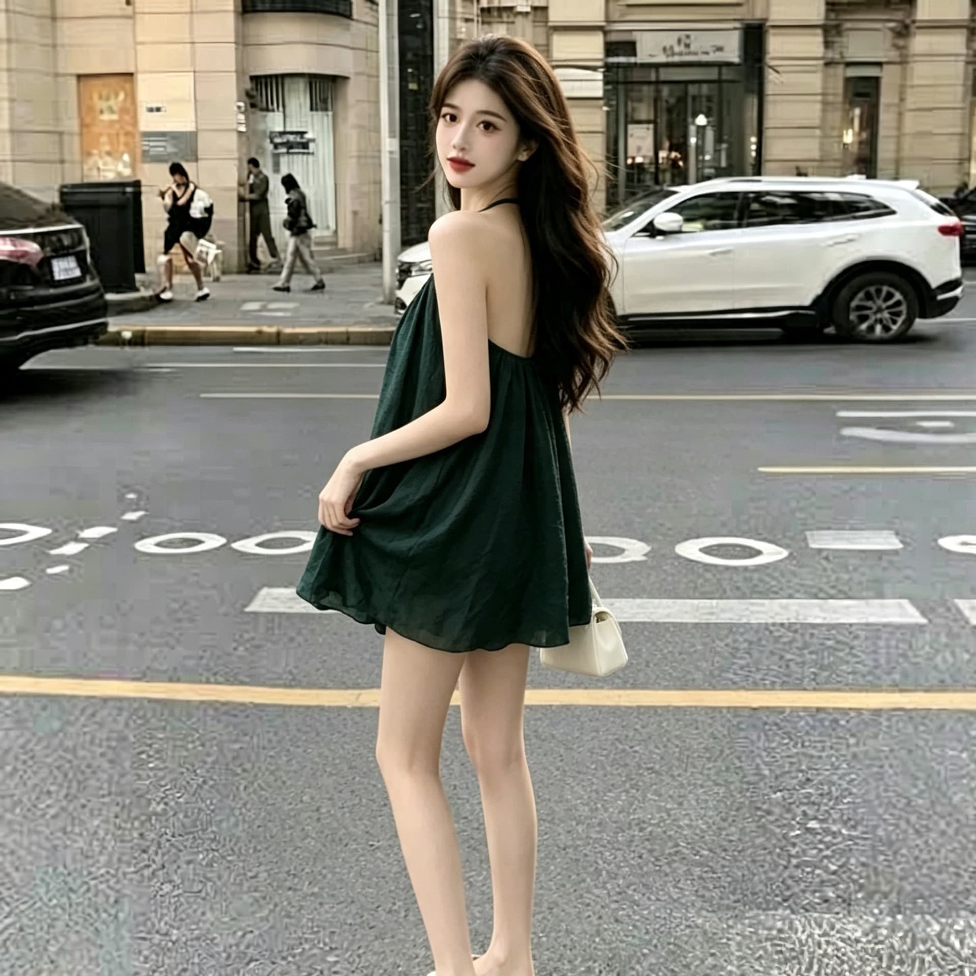 pumpkin 피터 팬 엘프 꽃밭 행침 목 레이스업 휴가 바람 백리스 신축성 거즈 스커트 드레스 상세 이미지 15