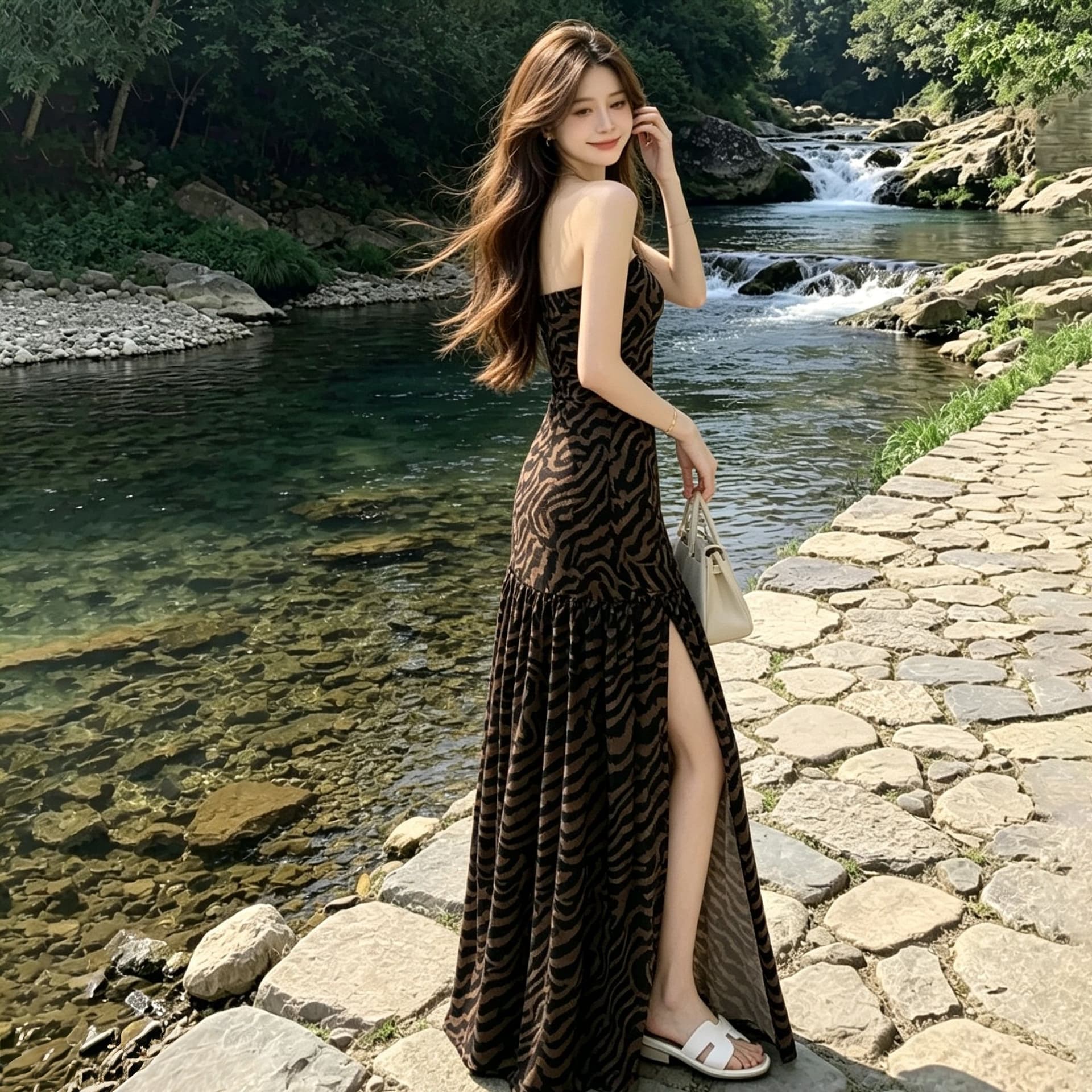 유럽과 미국 섹시함 핫걸 튜브탑 레오파드 무늬 여름 프린트 패치워크 트임 허리 수축 타이트 패키지 팔 치마 이미지 5