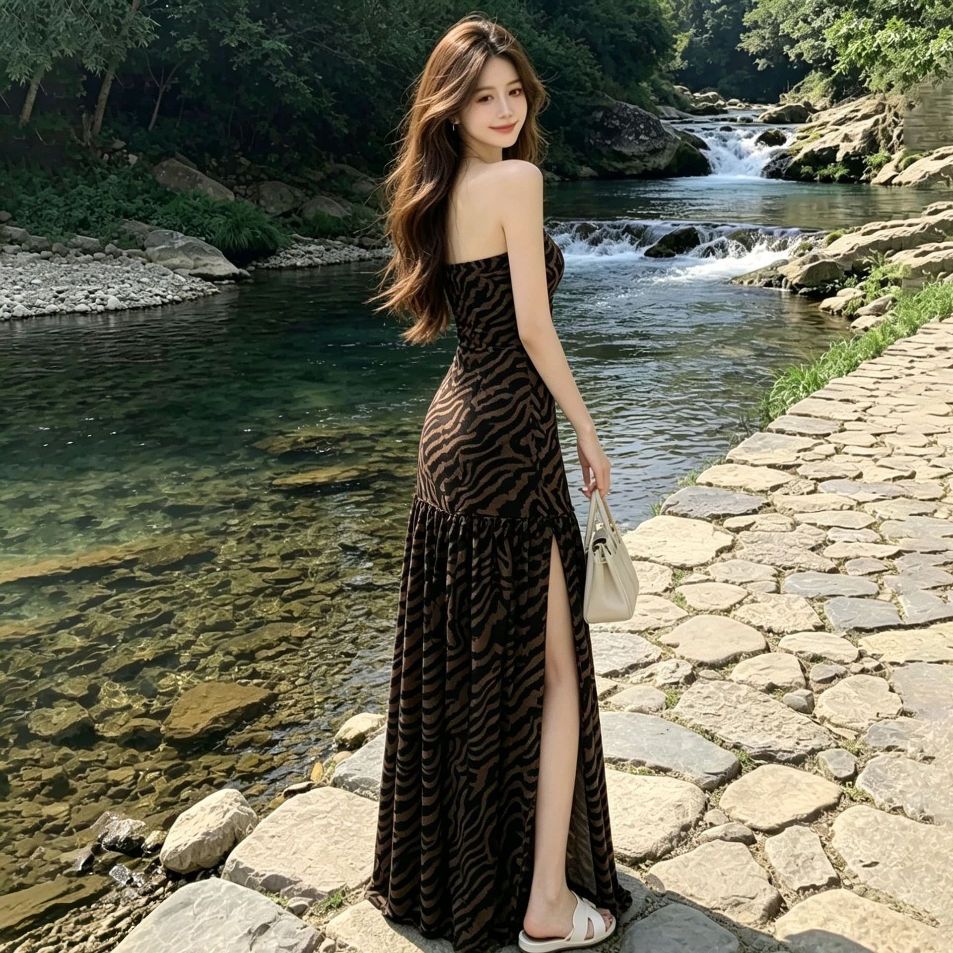 유럽과 미국 섹시함 핫걸 튜브탑 레오파드 무늬 여름 프린트 패치워크 트임 허리 수축 타이트 패키지 팔 치마 상세 이미지 9