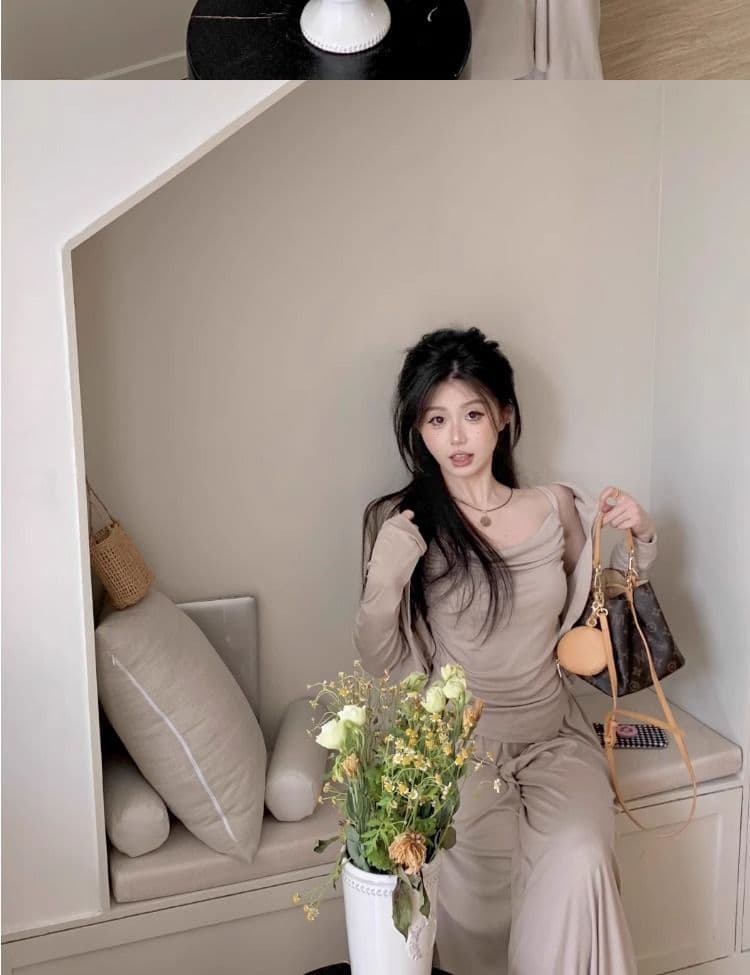 캐주얼 세트 여성 2026 봄 가을 니트 슬립 오픈 가디건 와이드 레그 팬츠 느슨함 착용 코디 패션 3종 세트 상세 이미지 3