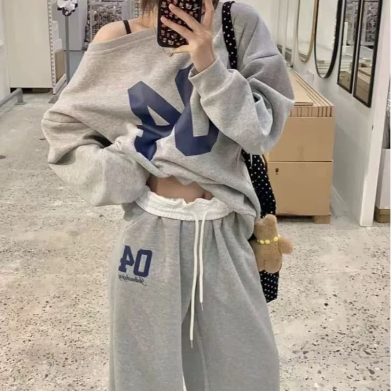 아메리칸 후드티 스포츠 슈트 여성 가을 한국 스타일 루즈핏 슬림해 보이는 와이드 레그 팬츠 캐주얼 투피스 세트 인터넷 유명인 패션 트렌디 이미지 5