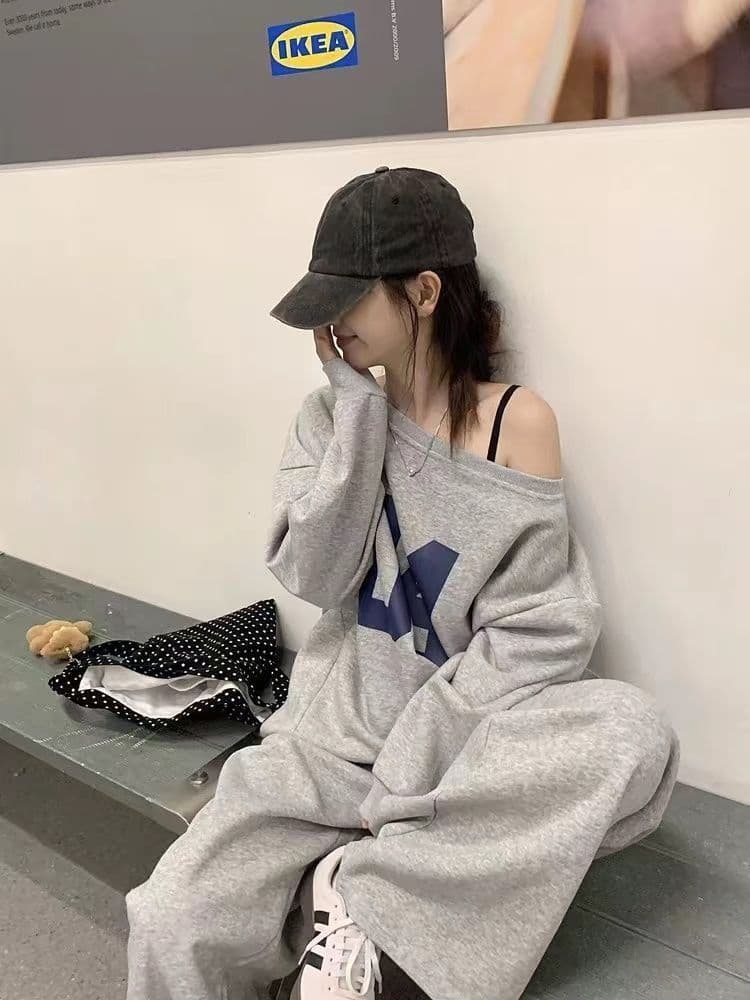 아메리칸 후드티 스포츠 슈트 여성 가을 한국 스타일 루즈핏 슬림해 보이는 와이드 레그 팬츠 캐주얼 투피스 세트 인터넷 유명인 패션 트렌디 상세 이미지 5