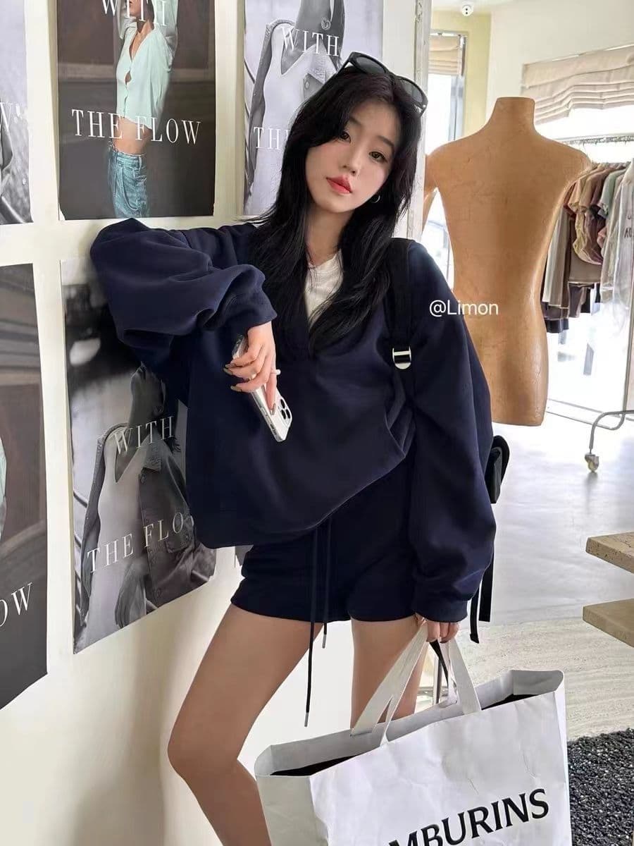 캐주얼 세트 여성 봄 가을 아메리칸 레트로 루즈핏 V넥 느긋한 바람 후드 긴팔 후드티 반바지 투피스 세트 트렌디 이미지 2
