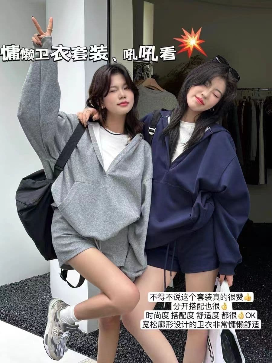 캐주얼 세트 여성 봄 가을 아메리칸 레트로 루즈핏 V넥 느긋한 바람 후드 긴팔 후드티 반바지 투피스 세트 트렌디
