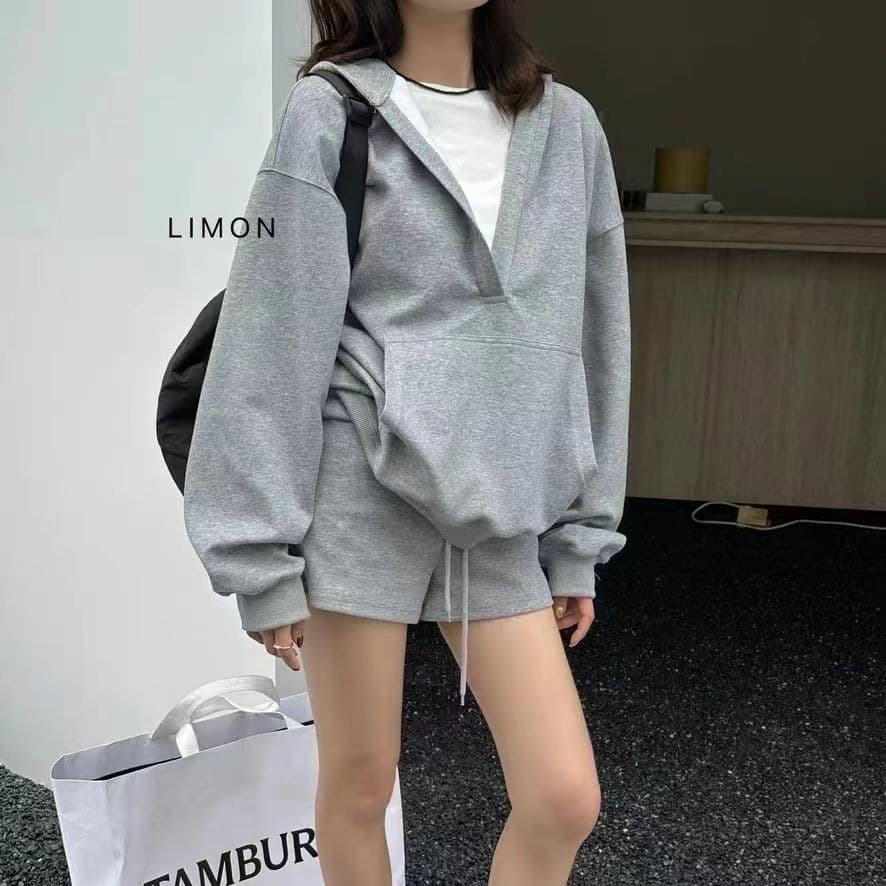 캐주얼 세트 여성 봄 가을 아메리칸 레트로 루즈핏 V넥 느긋한 바람 후드 긴팔 후드티 반바지 투피스 세트 트렌디 이미지 5