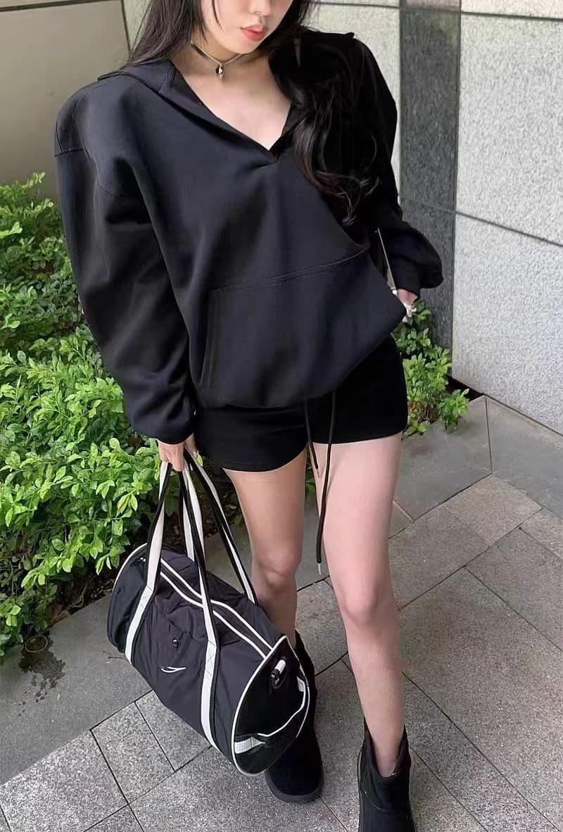 캐주얼 세트 여성 봄 가을 아메리칸 레트로 루즈핏 V넥 느긋한 바람 후드 긴팔 후드티 반바지 투피스 세트 트렌디 상세 이미지 3