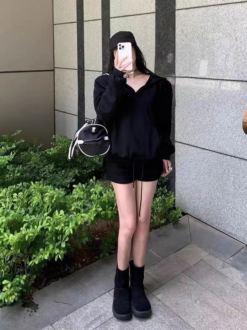 캐주얼 세트 여성 봄 가을 아메리칸 레트로 루즈핏 V넥 느긋한 바람 후드 긴팔 후드티 반바지 투피스 세트 트렌디 상세 이미지 4