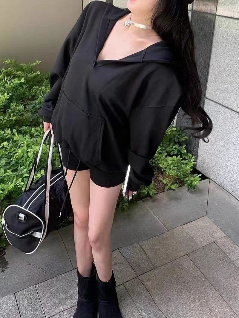 캐주얼 세트 여성 봄 가을 아메리칸 레트로 루즈핏 V넥 느긋한 바람 후드 긴팔 후드티 반바지 투피스 세트 트렌디 상세 이미지 6