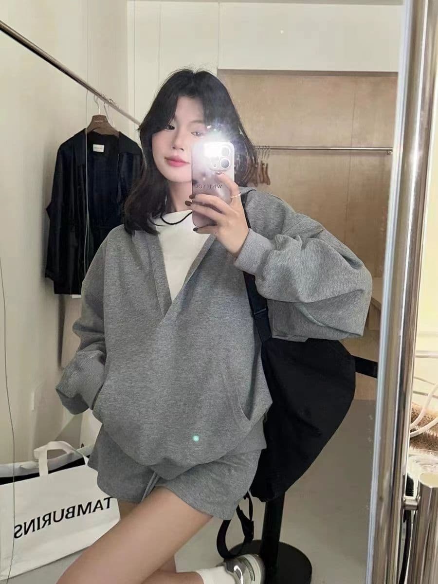 캐주얼 세트 여성 봄 가을 아메리칸 레트로 루즈핏 V넥 느긋한 바람 후드 긴팔 후드티 반바지 투피스 세트 트렌디 상세 이미지 9
