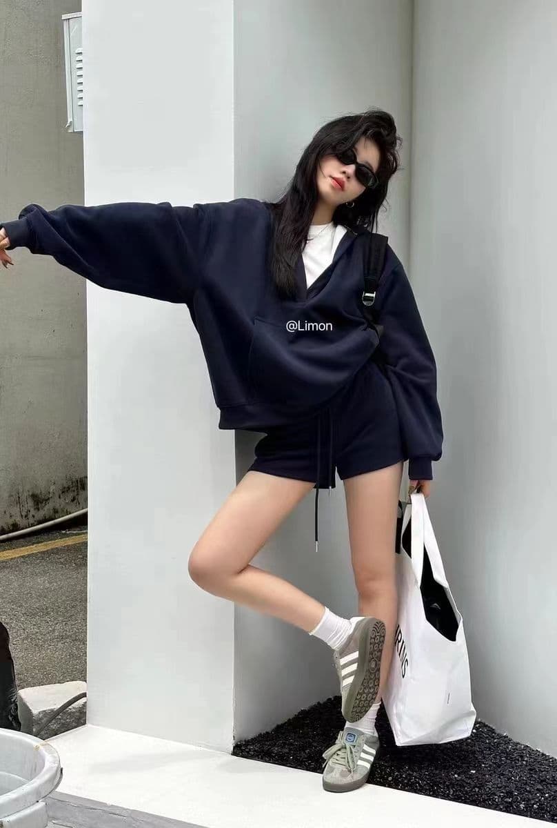 캐주얼 세트 여성 봄 가을 아메리칸 레트로 루즈핏 V넥 느긋한 바람 후드 긴팔 후드티 반바지 투피스 세트 트렌디 상세 이미지 10