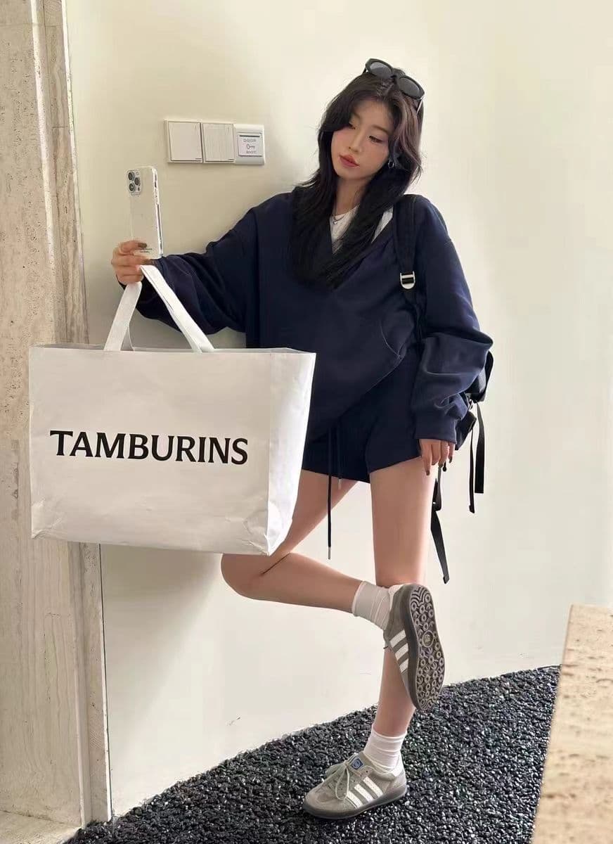 캐주얼 세트 여성 봄 가을 아메리칸 레트로 루즈핏 V넥 느긋한 바람 후드 긴팔 후드티 반바지 투피스 세트 트렌디 상세 이미지 11