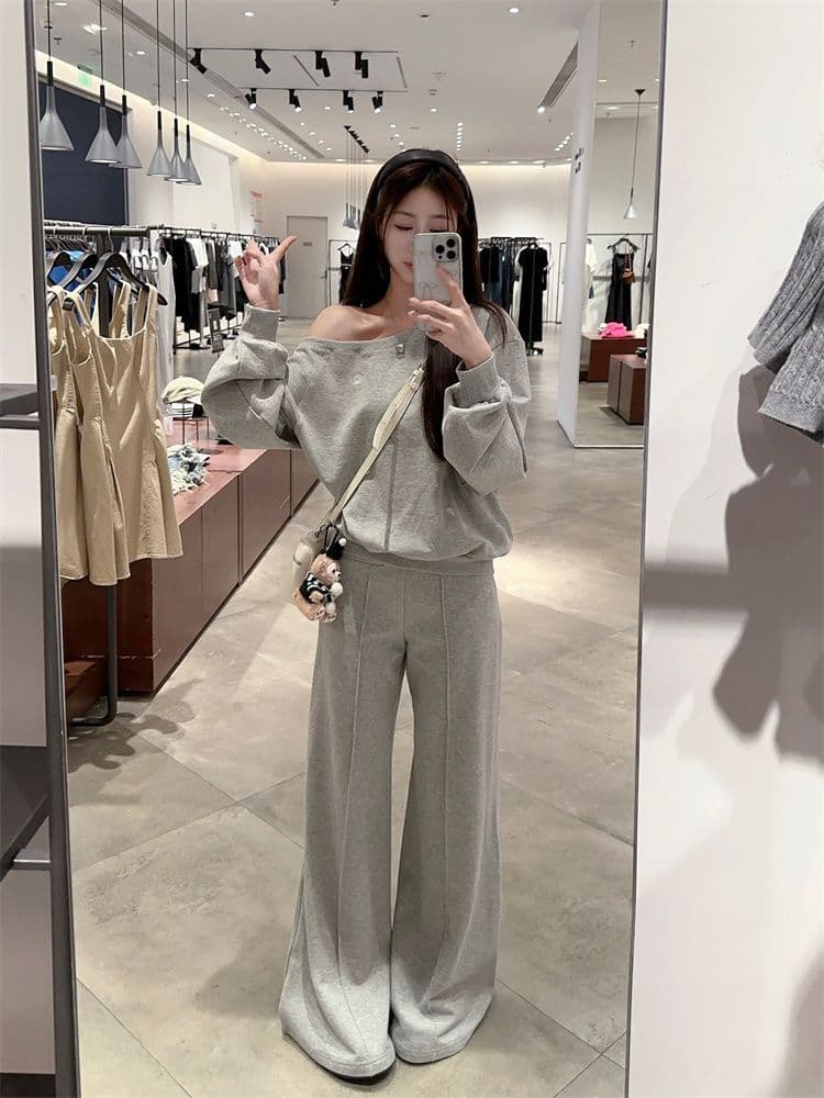 느슨함 센스 오프숄더 풀오버 긴팔 후드티 루즈핏 단색 다용도 캐주얼 긴 바지 여성 가을 겨울 새로운 패션 세트 이미지 4
