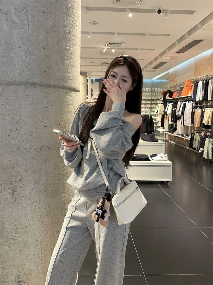 느슨함 센스 오프숄더 풀오버 긴팔 후드티 루즈핏 단색 다용도 캐주얼 긴 바지 여성 가을 겨울 새로운 패션 세트 상세 이미지 8