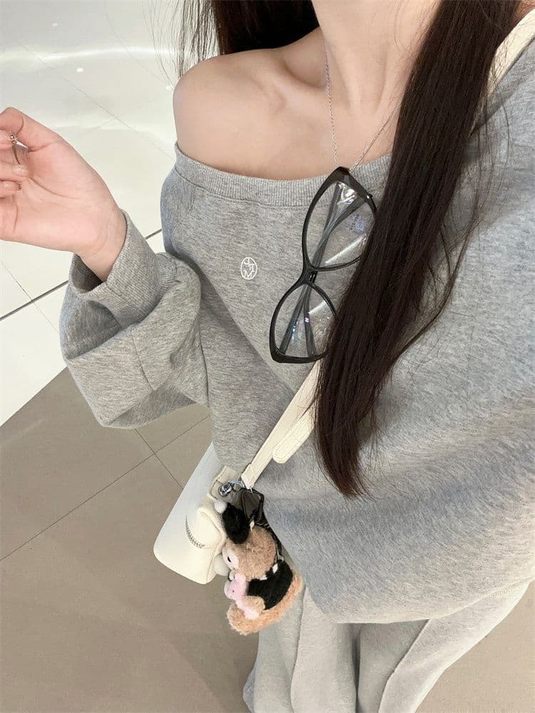 느슨함 센스 오프숄더 풀오버 긴팔 후드티 루즈핏 단색 다용도 캐주얼 긴 바지 여성 가을 겨울 새로운 패션 세트 상세 이미지 13