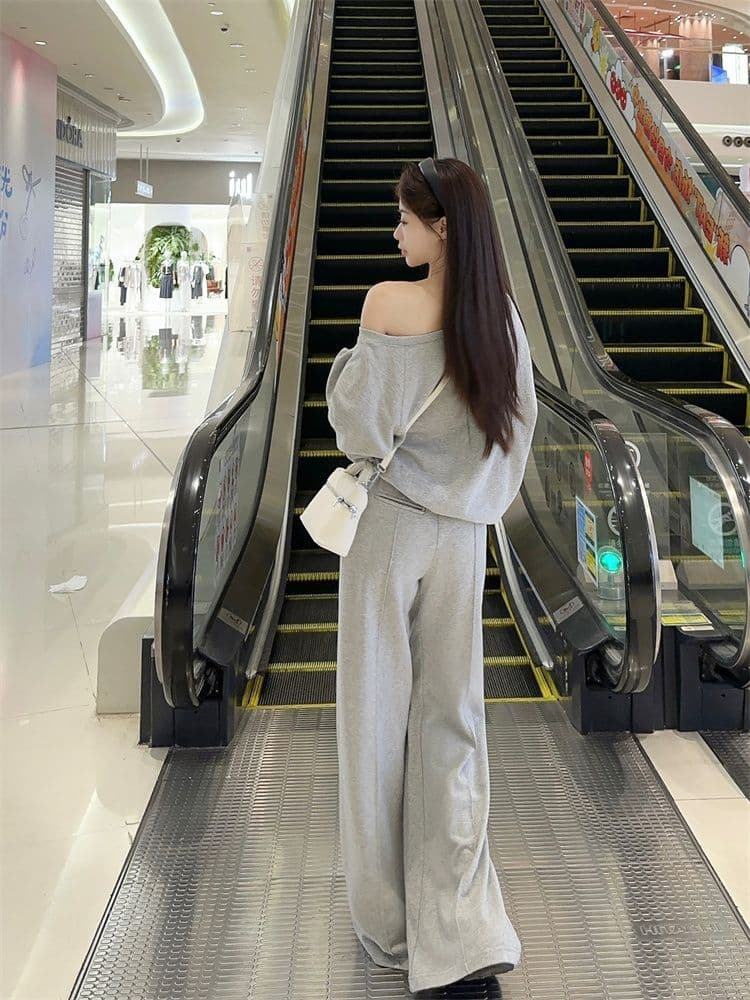 느슨함 센스 오프숄더 풀오버 긴팔 후드티 루즈핏 단색 다용도 캐주얼 긴 바지 여성 가을 겨울 새로운 패션 세트 상세 이미지 14