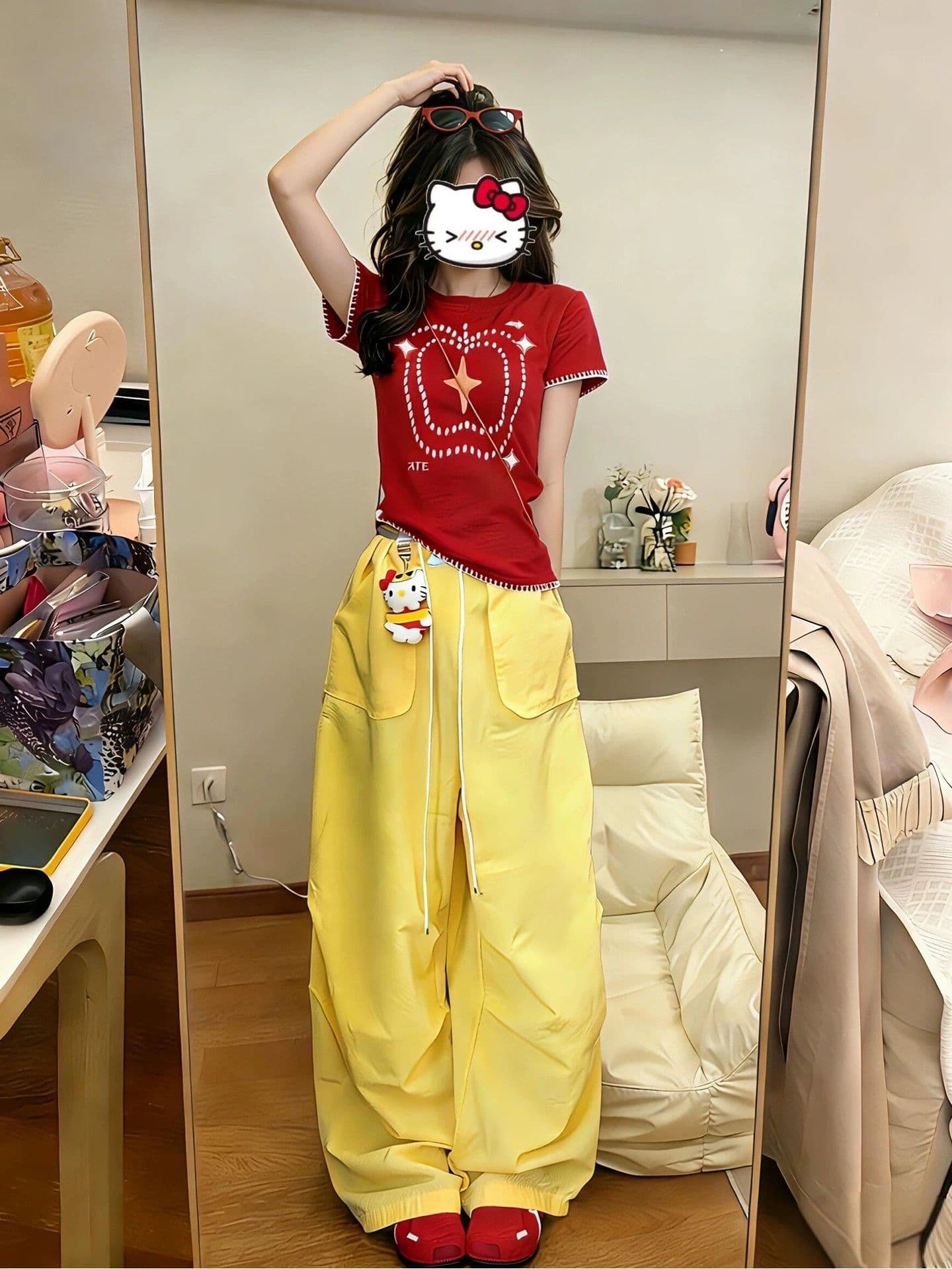 아메리칸 레트로 캐주얼 스포츠 슈트 여성 여름 착용 가져 가라. 도파민 슬림해 보이는 반팔 와이드 레그 팬츠 투피스 세트 상세 이미지 5