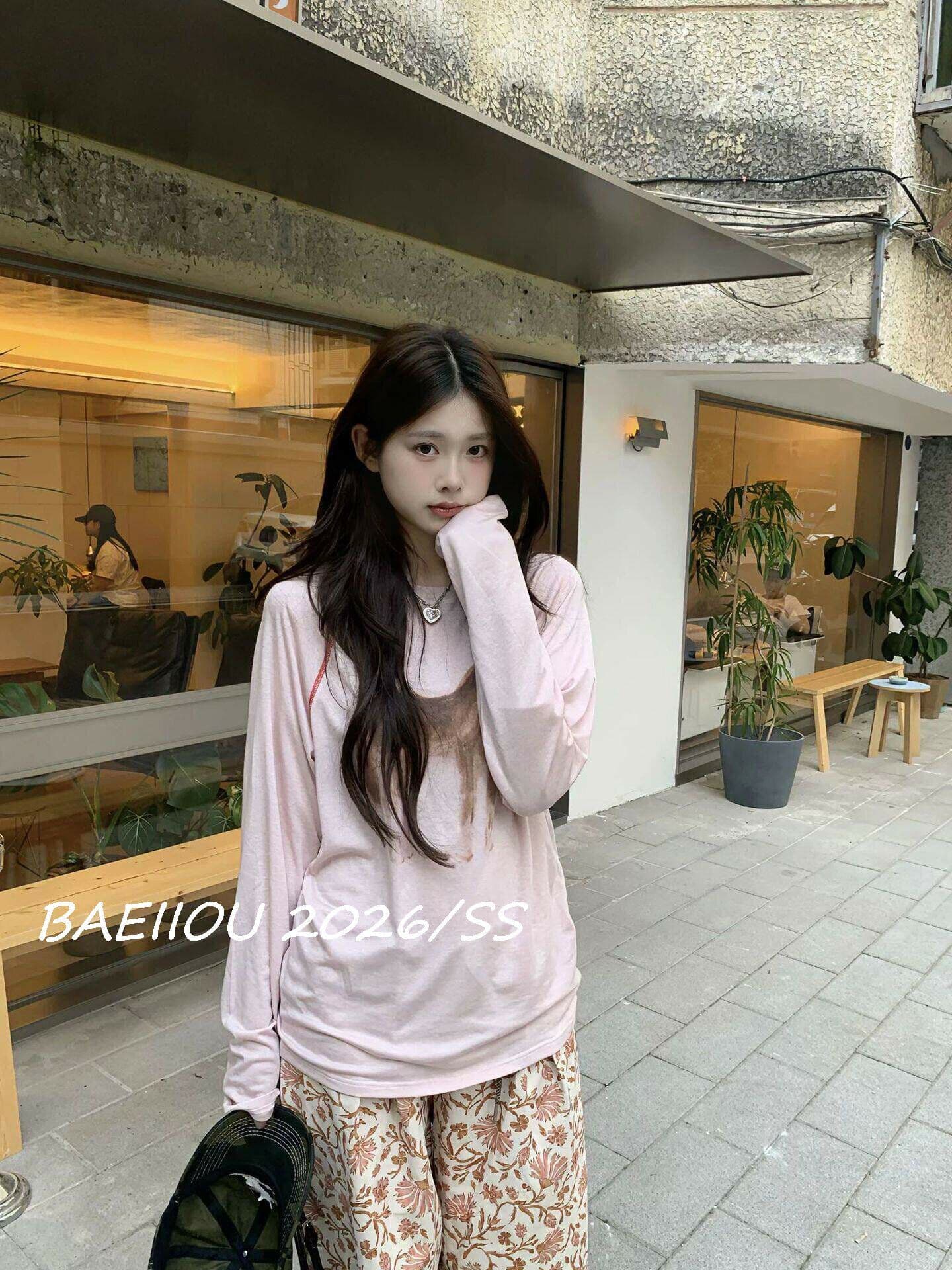 한 부서 달콤한 스타일 수채화 프린트 긴팔 티셔츠 여성 봄 느긋한 센스 넓은 다리 꽃무늬 바지 세트 이미지 3