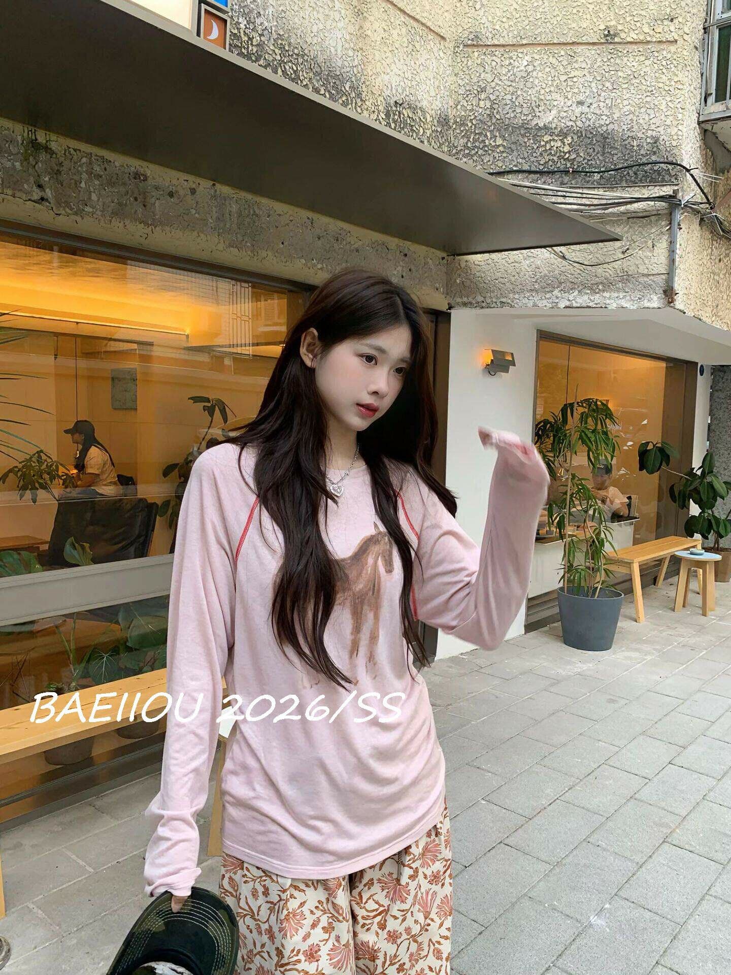 한 부서 달콤한 스타일 수채화 프린트 긴팔 티셔츠 여성 봄 느긋한 센스 넓은 다리 꽃무늬 바지 세트