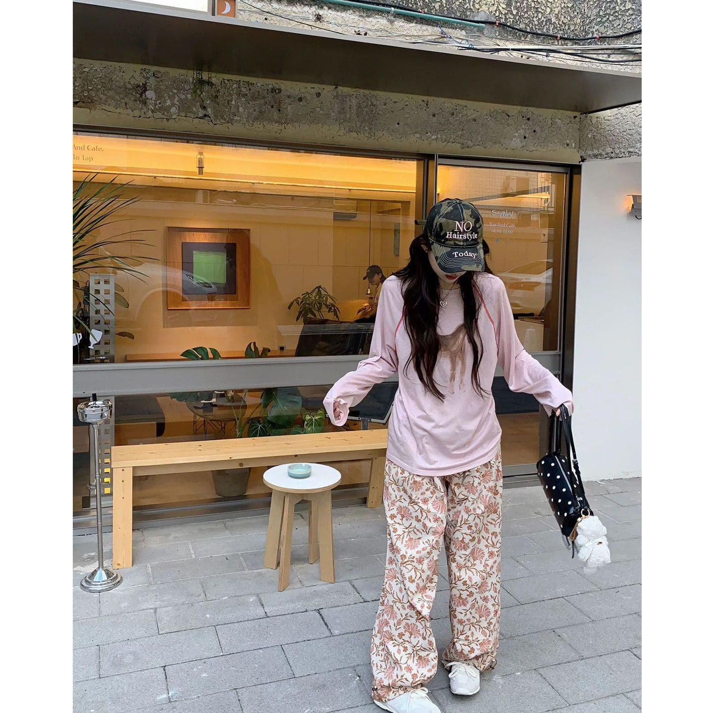 한 부서 달콤한 스타일 수채화 프린트 긴팔 티셔츠 여성 봄 느긋한 센스 넓은 다리 꽃무늬 바지 세트 상세 이미지 4