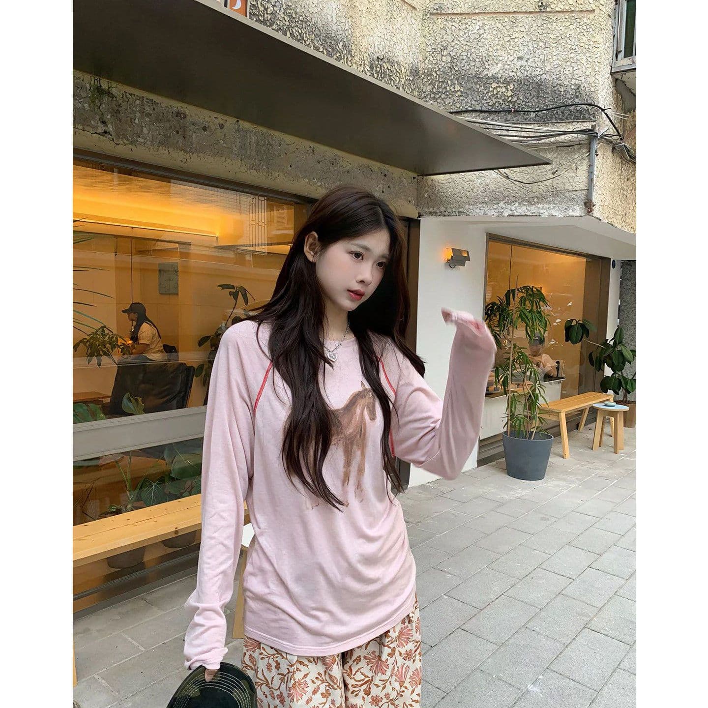 한 부서 달콤한 스타일 수채화 프린트 긴팔 티셔츠 여성 봄 느긋한 센스 넓은 다리 꽃무늬 바지 세트 상세 이미지 5