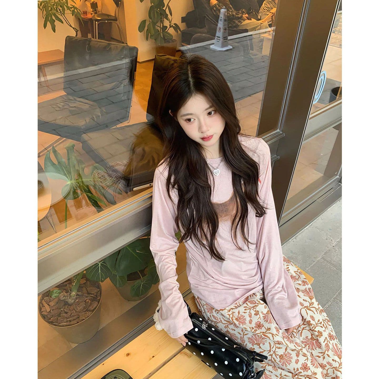 한 부서 달콤한 스타일 수채화 프린트 긴팔 티셔츠 여성 봄 느긋한 센스 넓은 다리 꽃무늬 바지 세트 상세 이미지 6