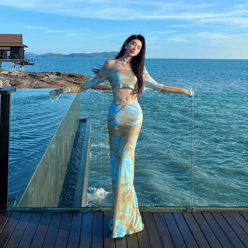 해변가 여행 휴가 세트 여성 여름 해변 드레스 작은 대중 섹시함 핫걸 품격 슬림해 보이는 길다 치마 투피스 세트 이미지 4