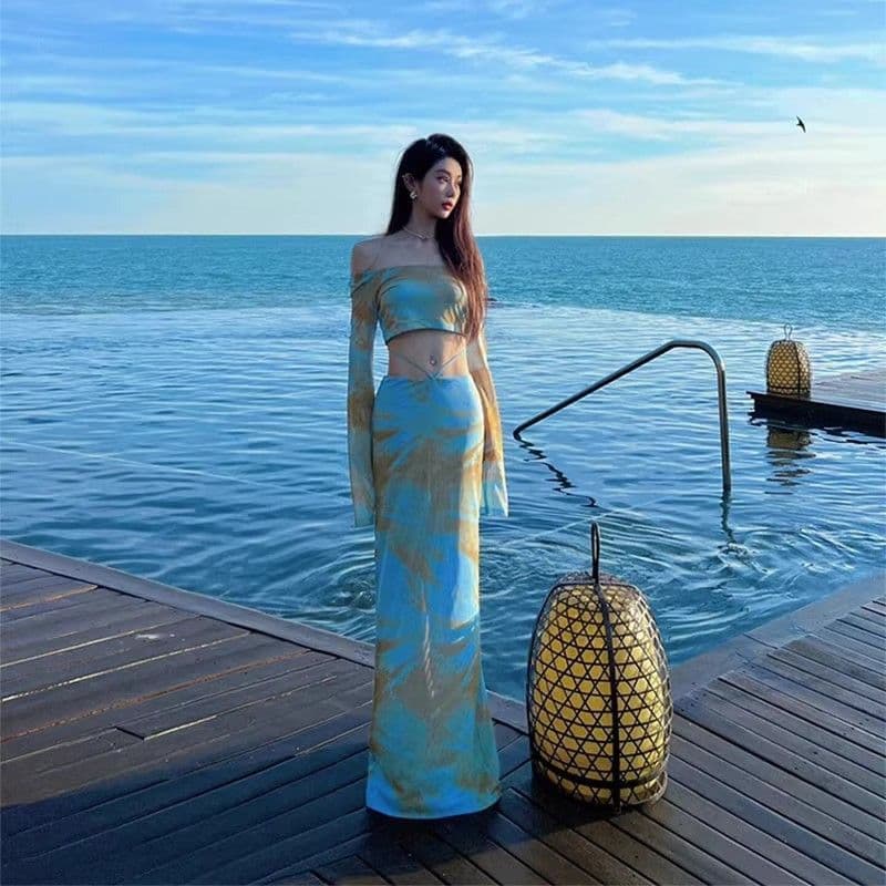 해변가 여행 휴가 세트 여성 여름 해변 드레스 작은 대중 섹시함 핫걸 품격 슬림해 보이는 길다 치마 투피스 세트 이미지 3