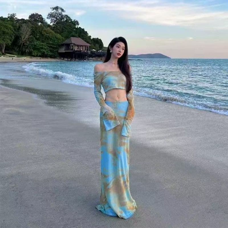 해변가 여행 휴가 세트 여성 여름 해변 드레스 작은 대중 섹시함 핫걸 품격 슬림해 보이는 길다 치마 투피스 세트 이미지 2