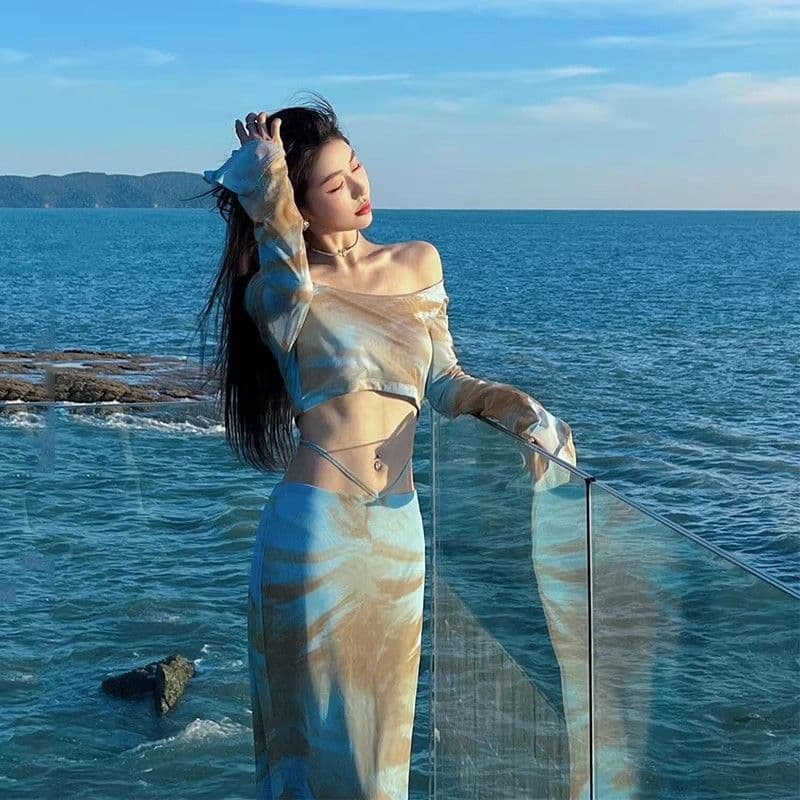 해변가 여행 휴가 세트 여성 여름 해변 드레스 작은 대중 섹시함 핫걸 품격 슬림해 보이는 길다 치마 투피스 세트 상세 이미지 5