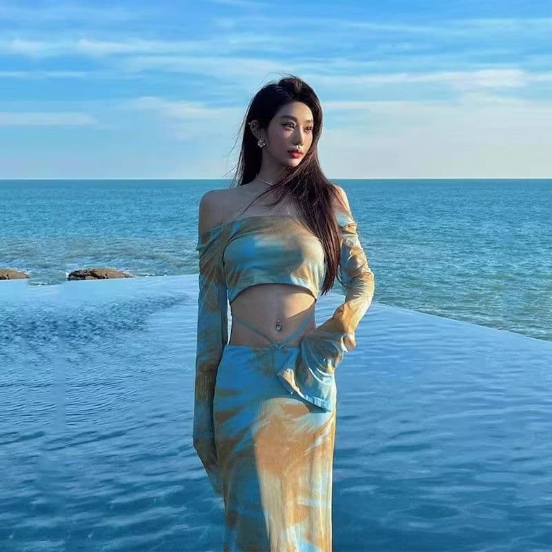 해변가 여행 휴가 세트 여성 여름 해변 드레스 작은 대중 섹시함 핫걸 품격 슬림해 보이는 길다 치마 투피스 세트 상세 이미지 6