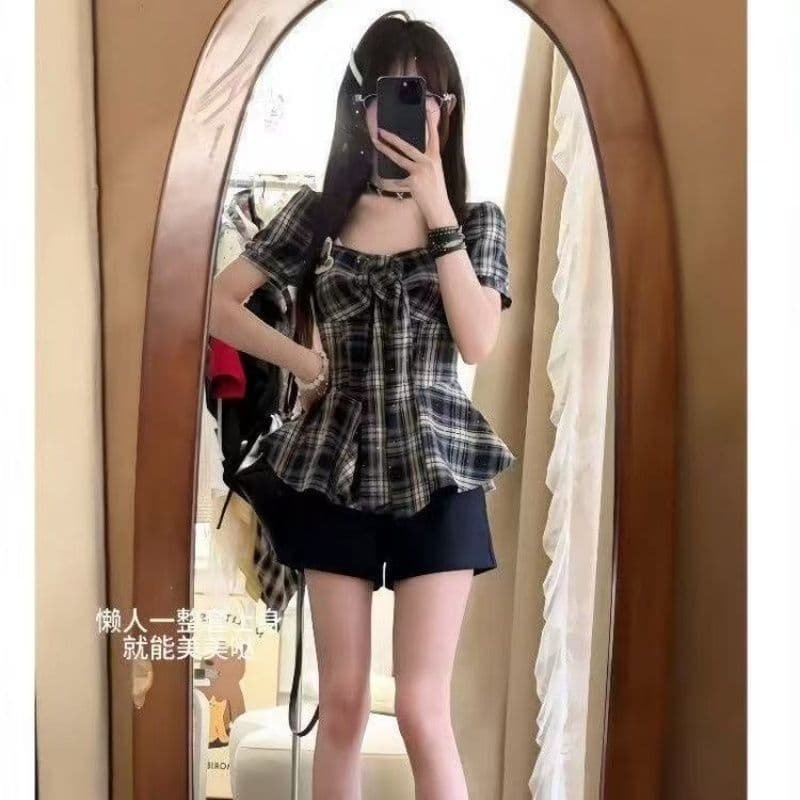 학원 한 부서 레트로 핫걸 슬림해 보이는 스타일 체크무늬 반팔 맨위 반바지 다용도 작은 대중 패션 세트 이미지 2
