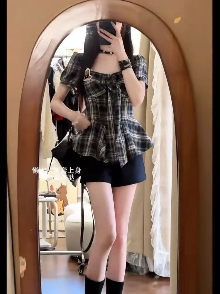 학원 한 부서 레트로 핫걸 슬림해 보이는 스타일 체크무늬 반팔 맨위 반바지 다용도 작은 대중 패션 세트 상세 이미지 1