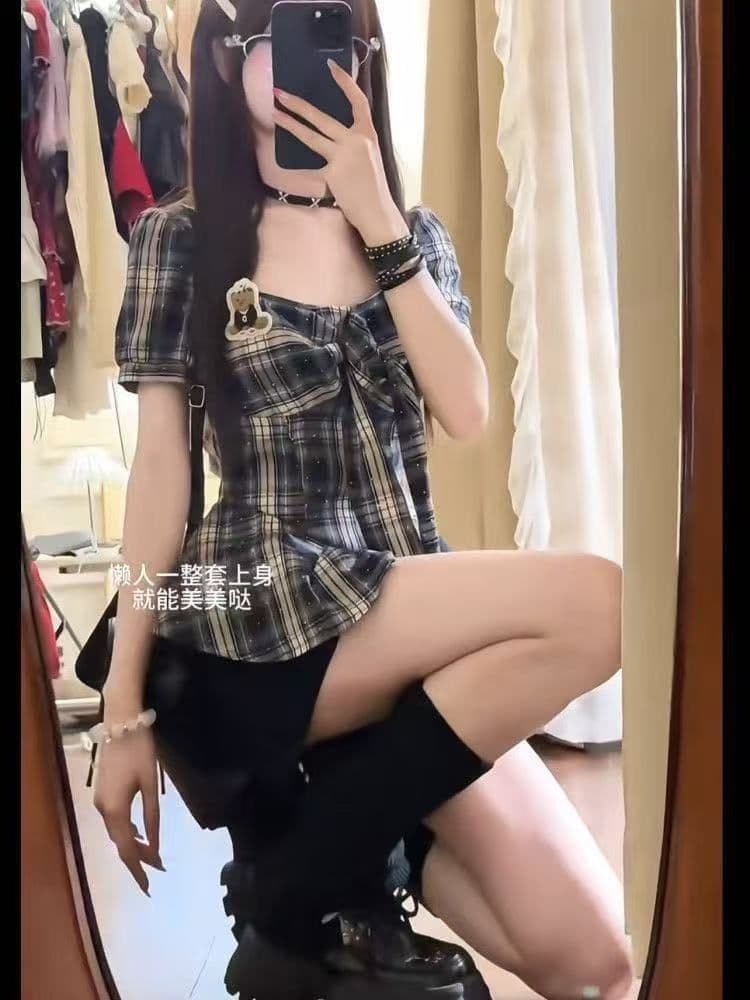 학원 한 부서 레트로 핫걸 슬림해 보이는 스타일 체크무늬 반팔 맨위 반바지 다용도 작은 대중 패션 세트 상세 이미지 3