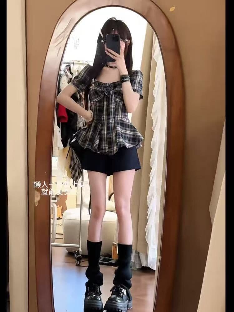 학원 한 부서 레트로 핫걸 슬림해 보이는 스타일 체크무늬 반팔 맨위 반바지 다용도 작은 대중 패션 세트 상세 이미지 5